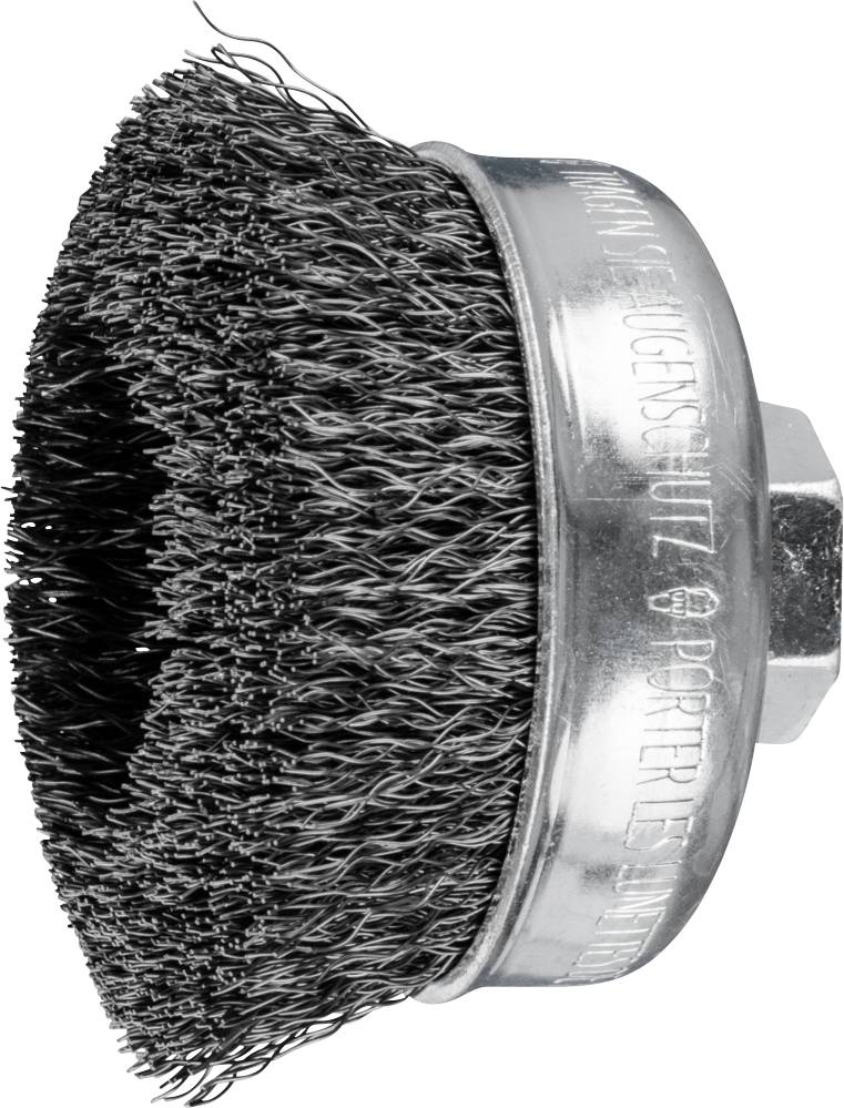Runde Drahtbürste mit Metallborsten und Aufsatz zur Befestigung an einem Werkzeug. Geeignet zum Entfernen von Rost oder Farbe.