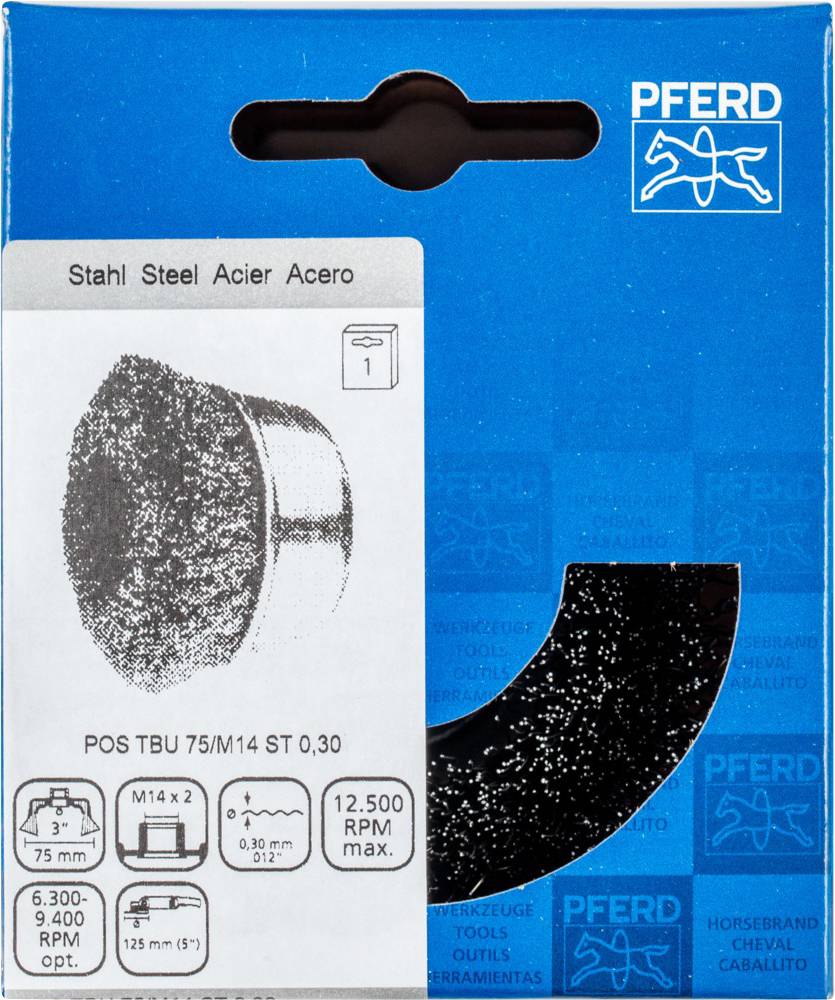 Verpackung einer Schleifscheibe aus Stahl, Marke Pferd. Details: Durchmesser 75 mm, M14 x 2, Drehzahl max. 12.500 U/min.