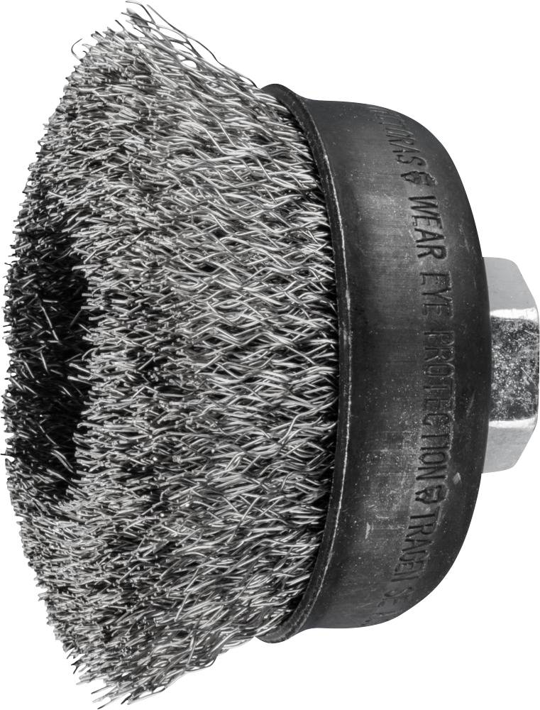 Drahtbürstenaufsatz für Bohrmaschine, aus Metall mit Kunststoffgehäuse, zur Entfernung von Rost oder Farbe auf Oberflächen.