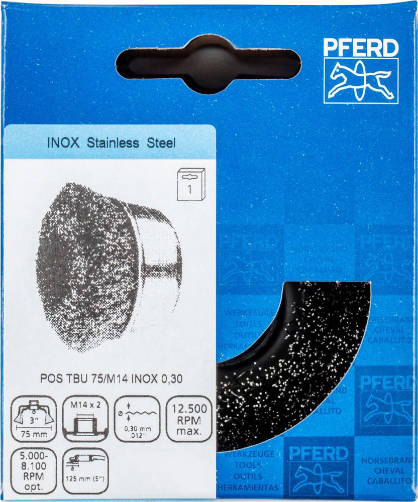 'PFERD INOX Stainless Steel' Bürstenkopf-Verpackung. Zeigt technischen Details: Größe 3