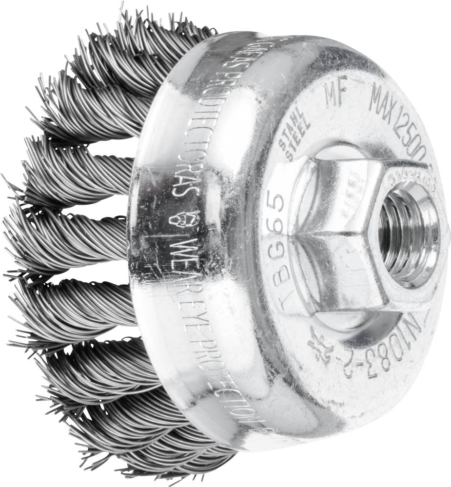 Runde Drahtbürste mit Metallborsten und Metallgehäuse, geeignet für die Reinigung und das Entfernen von Rost auf Oberflächen.