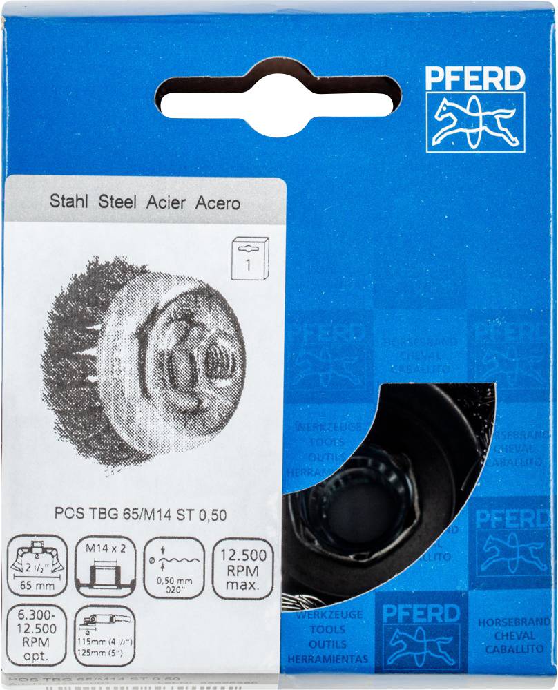 Eine blaue Verpackung einer Stahlbürste von PFERD, mit technischen Details wie Größe, Material und maximaler Drehzahl aufgedruckt.