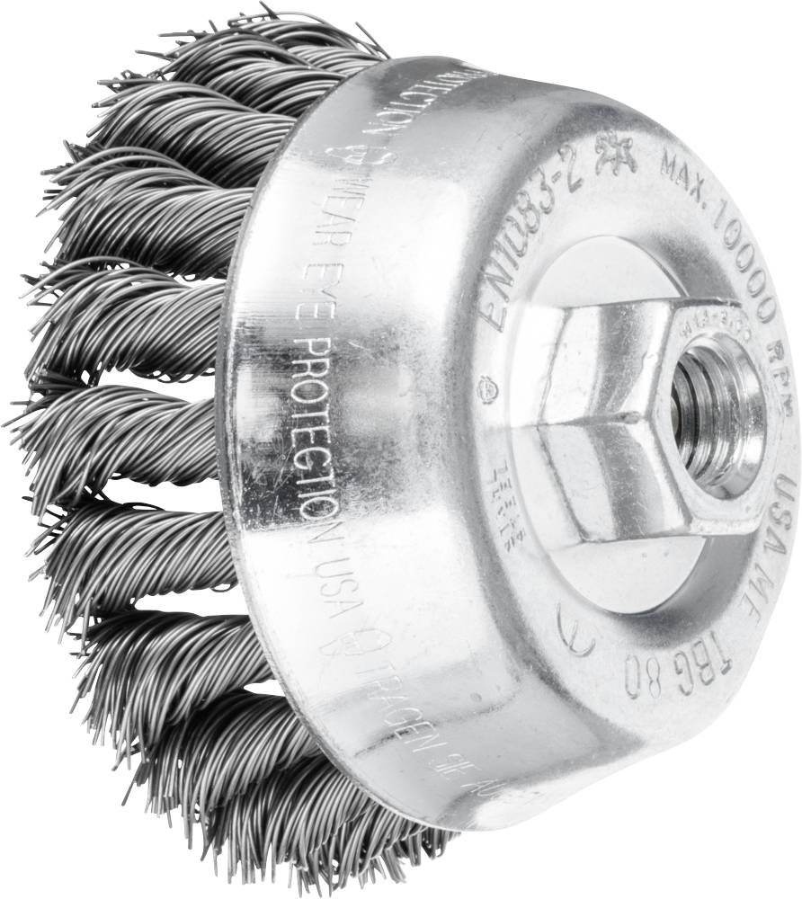 Metallbürstenaufsatz mit dichten, gedrehten Drahtborsten, geeignet für Winkelschleifer und verwendet zur Reinigung oder zum Entfernen von Rost.