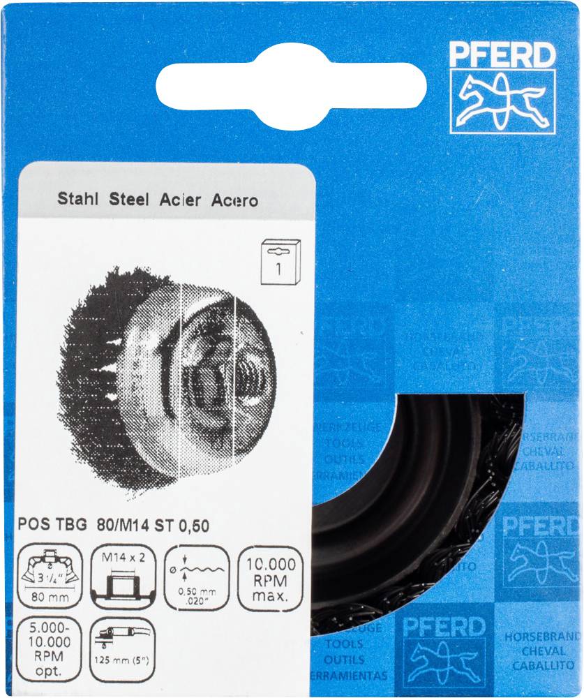 Verpackung eines Drahtbürstenaufsatzes aus Stahl für Winkelschleifer; geeignet für M14 Gewinde, mit einer maximalen Drehzahl von 10.000 U/min.
