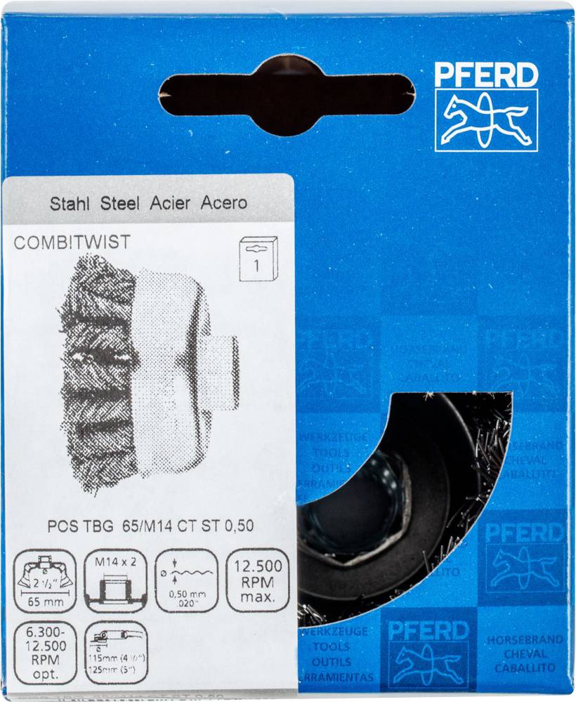 Verpackung einer PFERD CombTwist Stahlbürste mit Durchmesser und Drehzahlangaben. Enthält Skizze und technische Details zu Maßen.