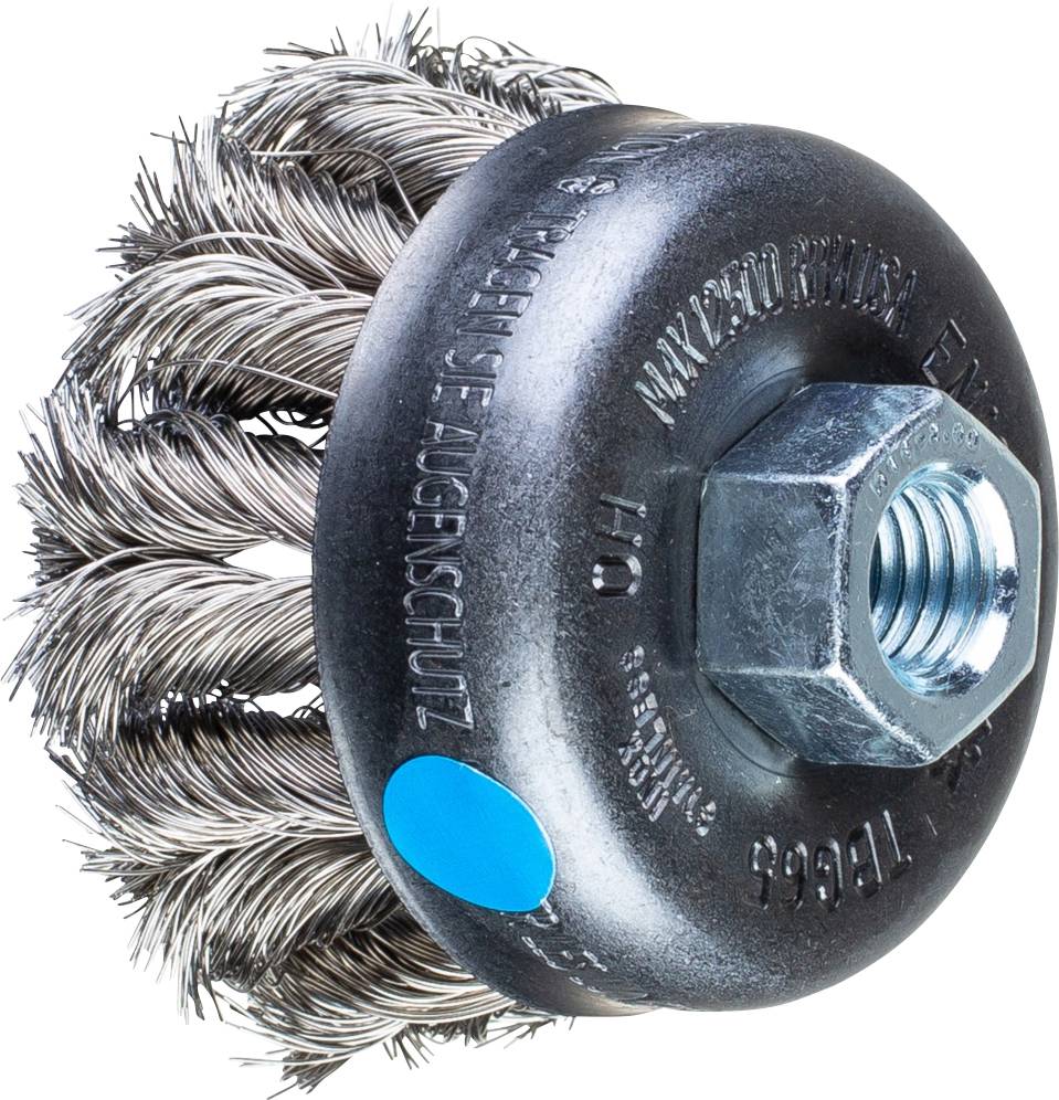 Runde Drahtbürste mit Metallborsten und einem Sechskantanschluss. Geeignet zum Entrosten und Reinigen von Metalloberflächen.