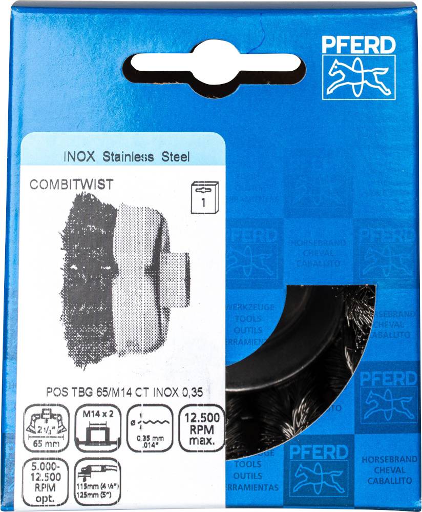 'PFERD' Edelstahl-Drahtbürste im Karton, Typ 'COMBITWIST', Größe 65mm, M14x2-Gewinde. Geeignet für Winkelschleifer.