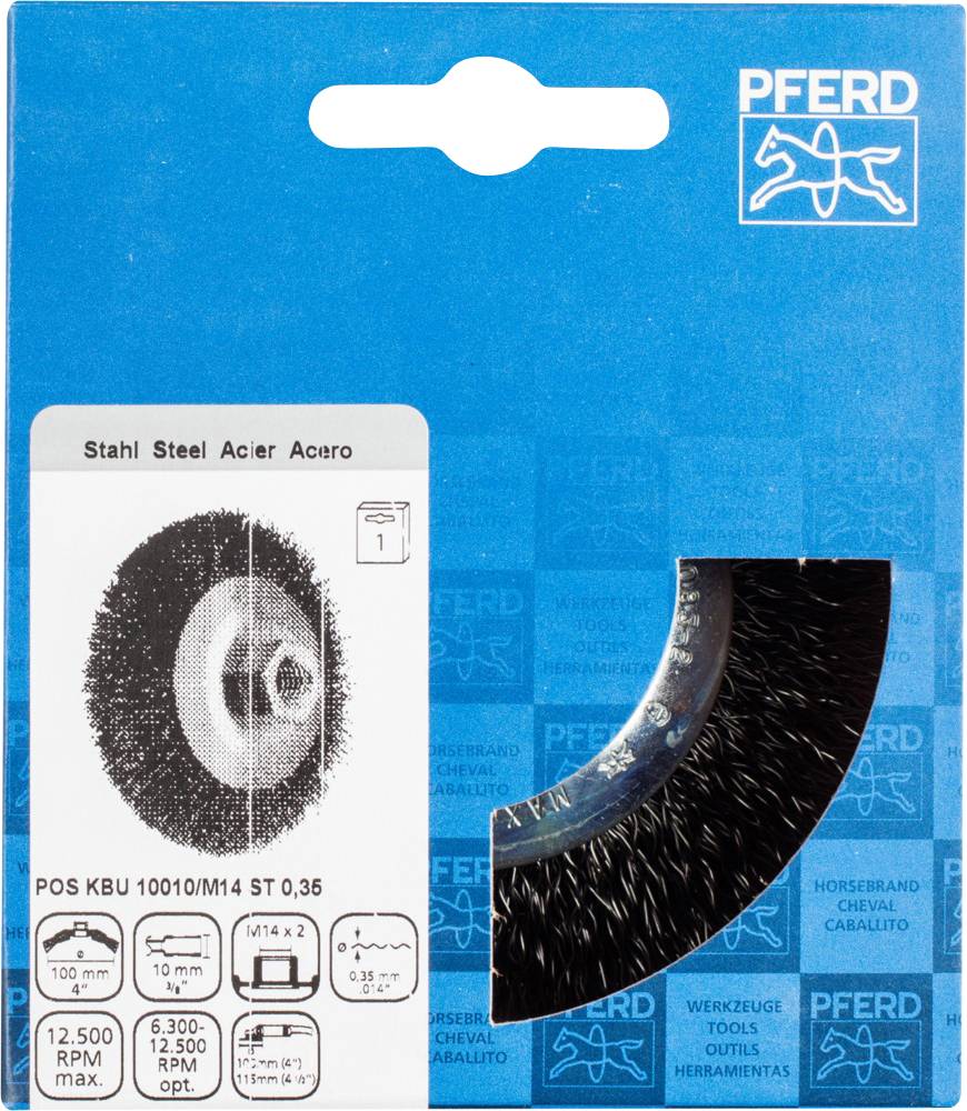 Verpackung einer Stahlbürste von PFERD, max. 12.500 RPM, Durchmesser 100x10mm, für Geräte mit M14-Gewinde, zeigt technische Details.