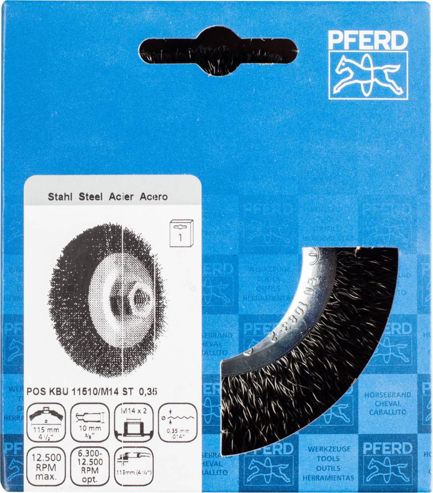Verpackung einer Stahlbürste der Marke PFERD, Modell POS KBU 11510/M14 ST 0,35. Zeigt Bild der Bürste und technische Details wie RPM-Werte.