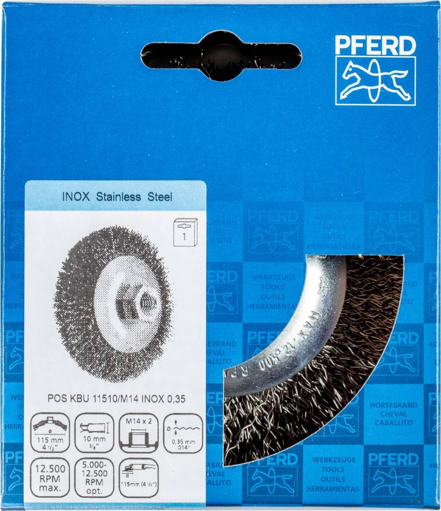 Kartonverpackung für einen PFERD-Bürstenaufsatz. Zeigt technische Details: Typ INOX Stainless Steel, max. 12.500 U/min, M14-Gewinde.