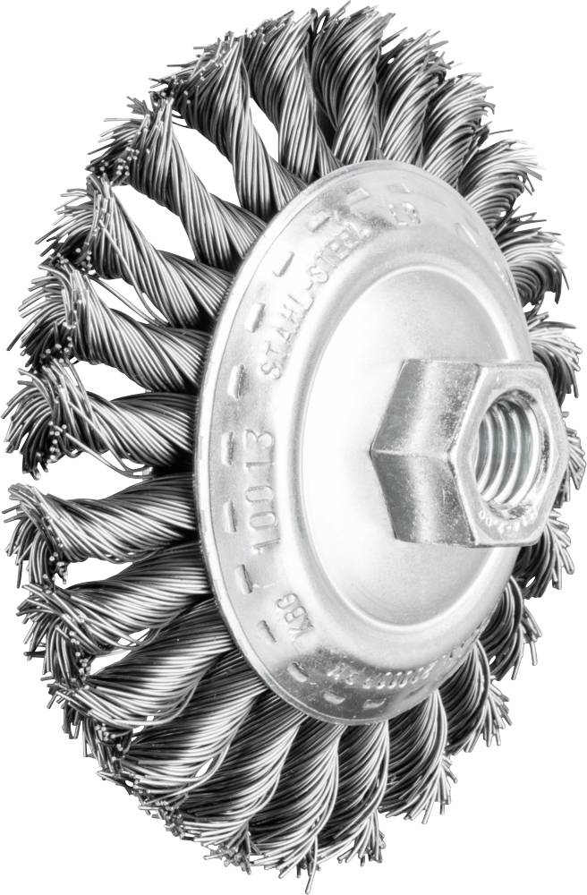 Metallbürste mit verdrillten Drahtborsten und Befestigungsmutter, zur Reinigung oder Oberflächenbearbeitung von Metallwerkstücken.