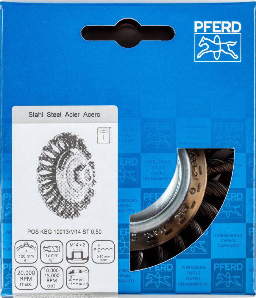 Verpackung einer Stahlbürste der Marke PFERD, zeigt Produktbild und technische Details: POS KBG 100/13/M14 ST 0,50, max. 20.000 U/min, M14 x 2.