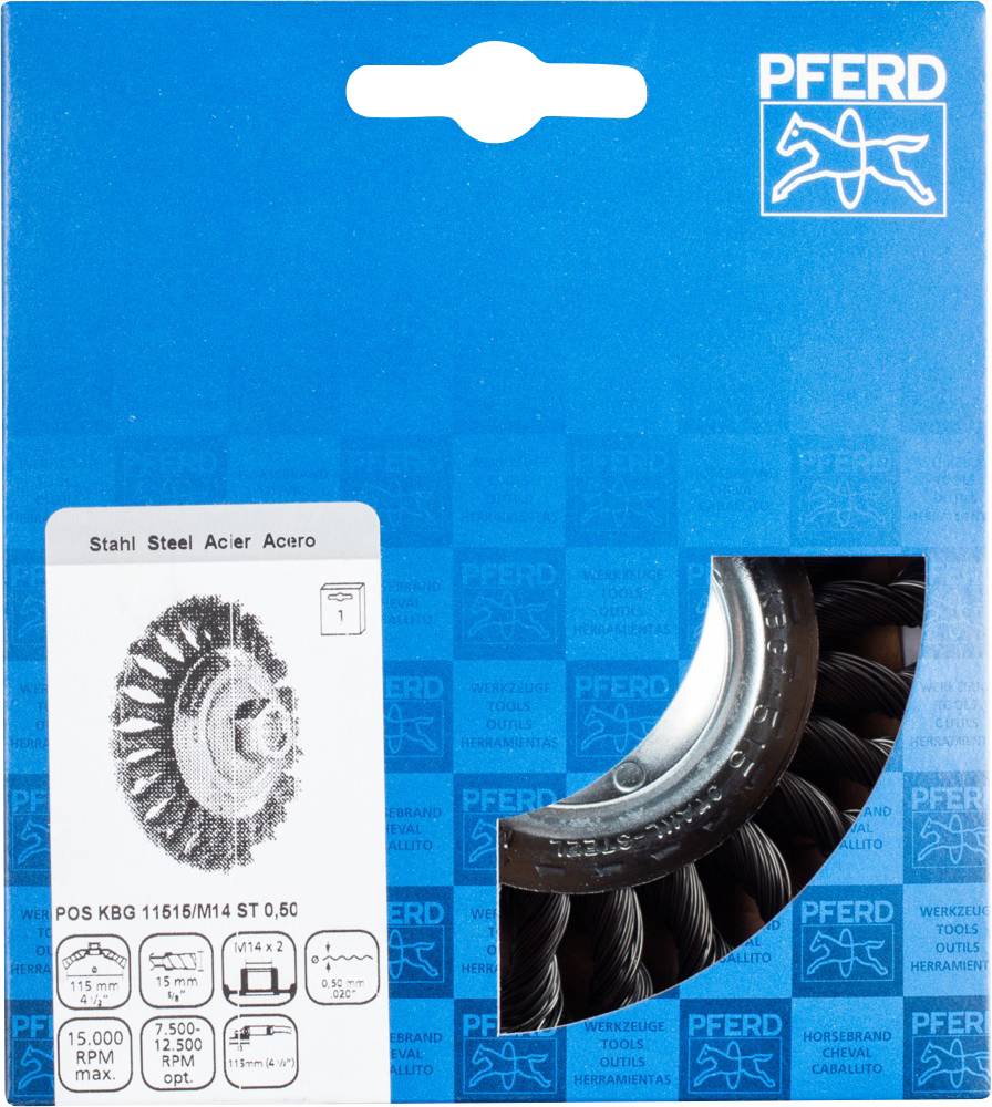 'PFERD' Stahl-Drahtbürste in Blisterverpackung, geeignet für Bohrmaschinen. Maximale Drehzahl 15.000 U/min, Ø 115 mm, M14 Gewinde.