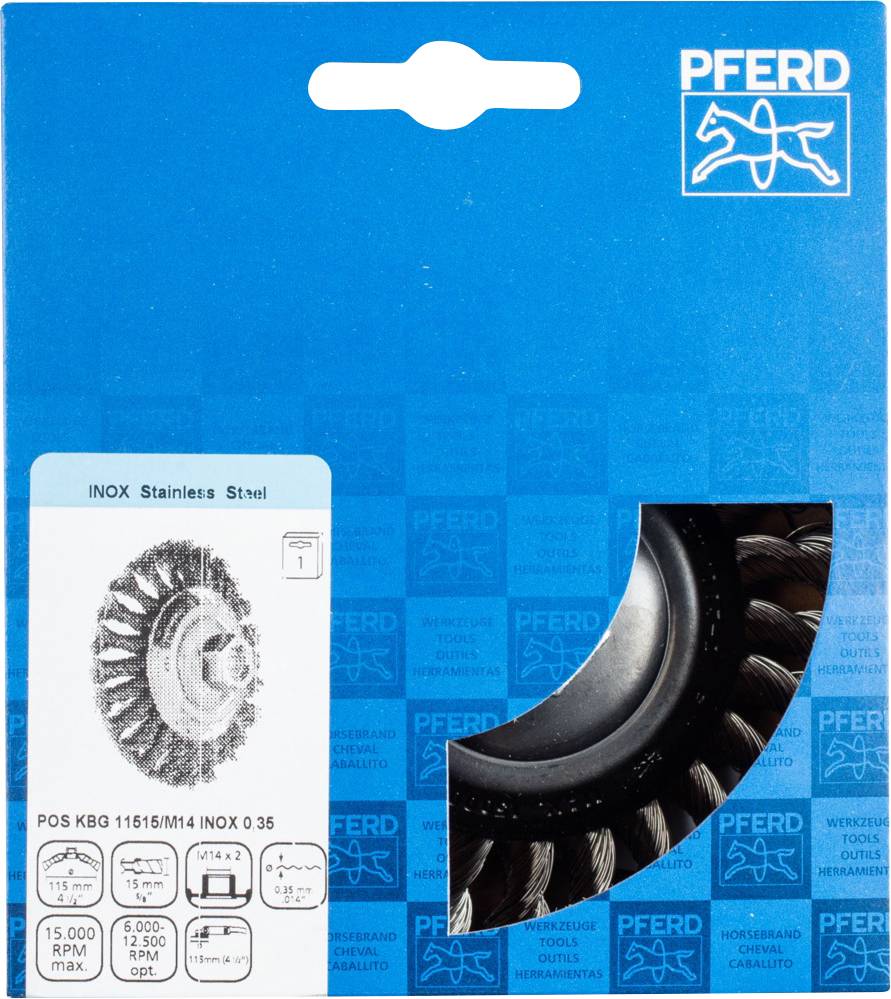 Verpackung einer PFERD Inox-Bürste für Edelstahlbearbeitung. Abgebildet ist die Drahtbürste, geeignet für 15.000 U/min, mit POS-Kennzeichnung.