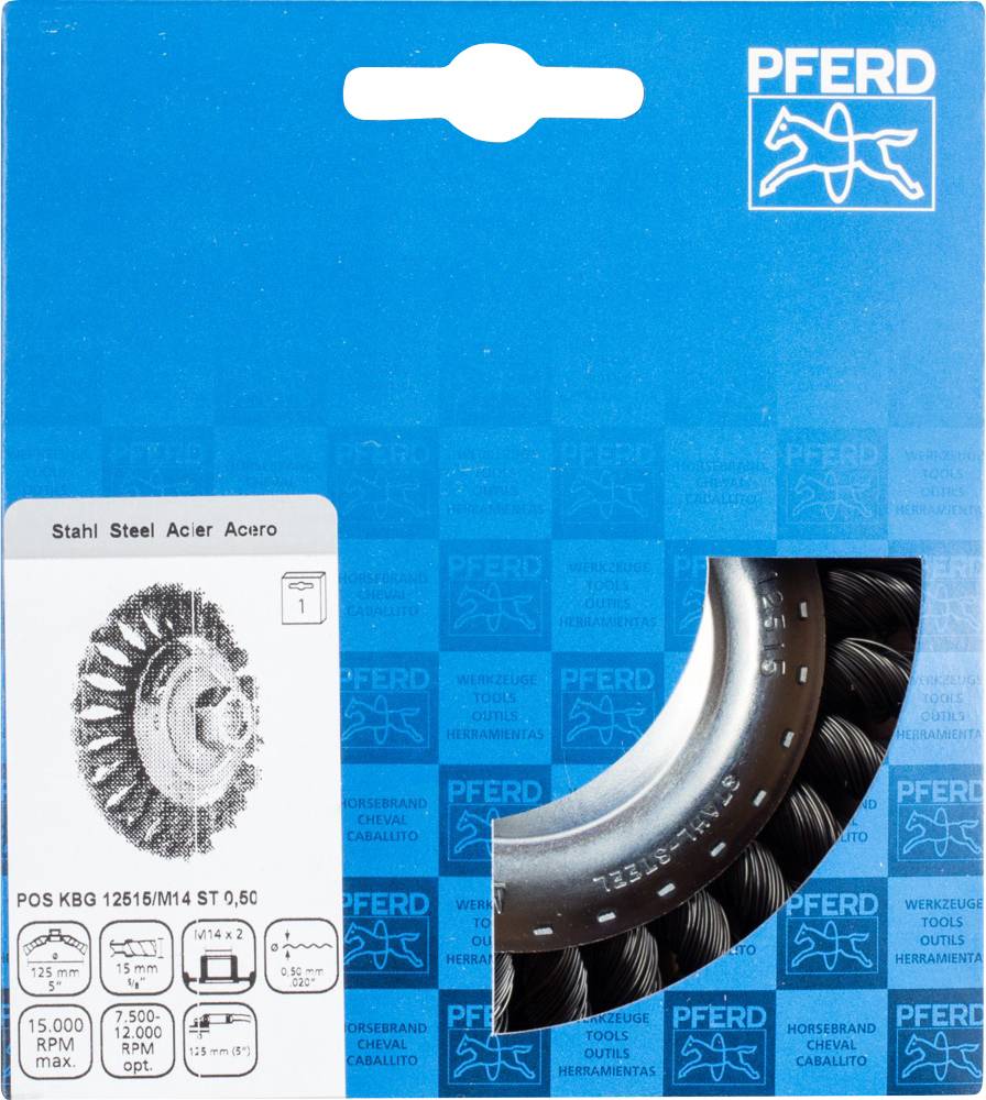 PFERD Stahl Drahtbürste für Bohrmaschine, max. 15.000 U/min, Größe KBG 125/15/M14 ST 0,50c, Verpackung in Blau mit Logo.