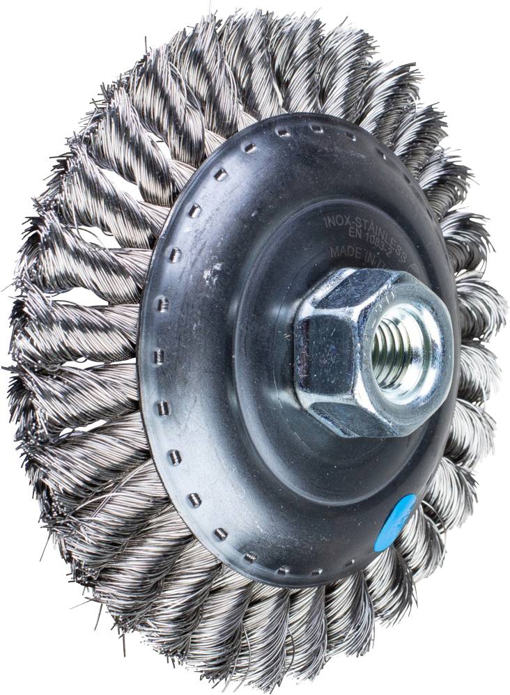 Drahtbürstenaufsatz mit spiralförmig angeordneter Borsten aus Metall, geeignet zur Reinigung oder zum Entrosten metallischer Oberflächen.