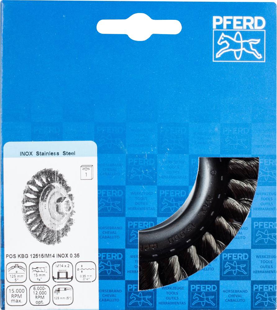 Verpackung einer Bürstenscheibe; Marke 'Pferd', Stahl, Modell INOX 12615/M14 INOX 0.35. Geeignet für Edelstahlbearbeitung.