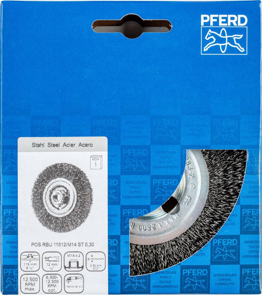 Verpackung einer Drahtbürste der Marke Pferd. Zeigt Detailabbildungen der Bürste mit technischen Daten wie 'Stahl 0,30'.