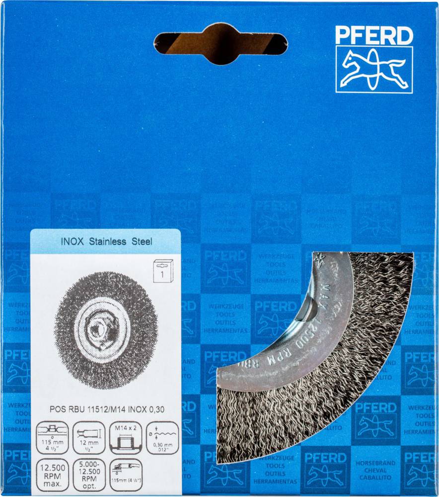 Produktverpackung einer Bürste von 'Pferd' für Edelstahl, mit blauem Hintergrund. Zeigt Abbildung und technische Details der Bürste.