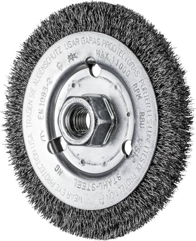 Metallscheibe mit Borsten aus Draht. Wird für Schleifen verwendet. Aufschrift weist auf Sicherheitsanforderungen hin, darunter Schutzbrillenpflicht.