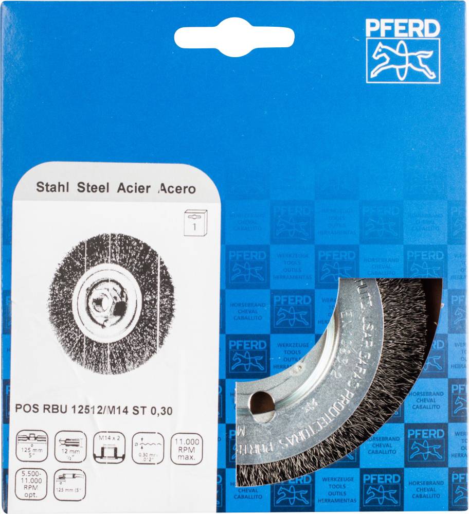Drahtbürstenscheibe in blauer Verpackung von PFERD. Beschriftung in mehreren Sprachen: 'Stahl, Steel, Acier, Acero'.