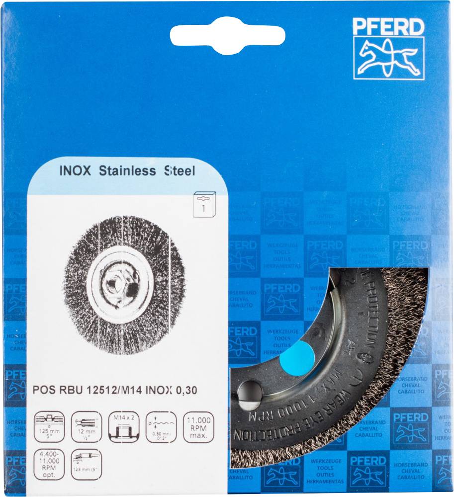 Verpackung einer INOX Edelstahl-Bürsten-Scheibe von PFERD mit technischen Spezifikationen und Sicherheitsanweisungen.