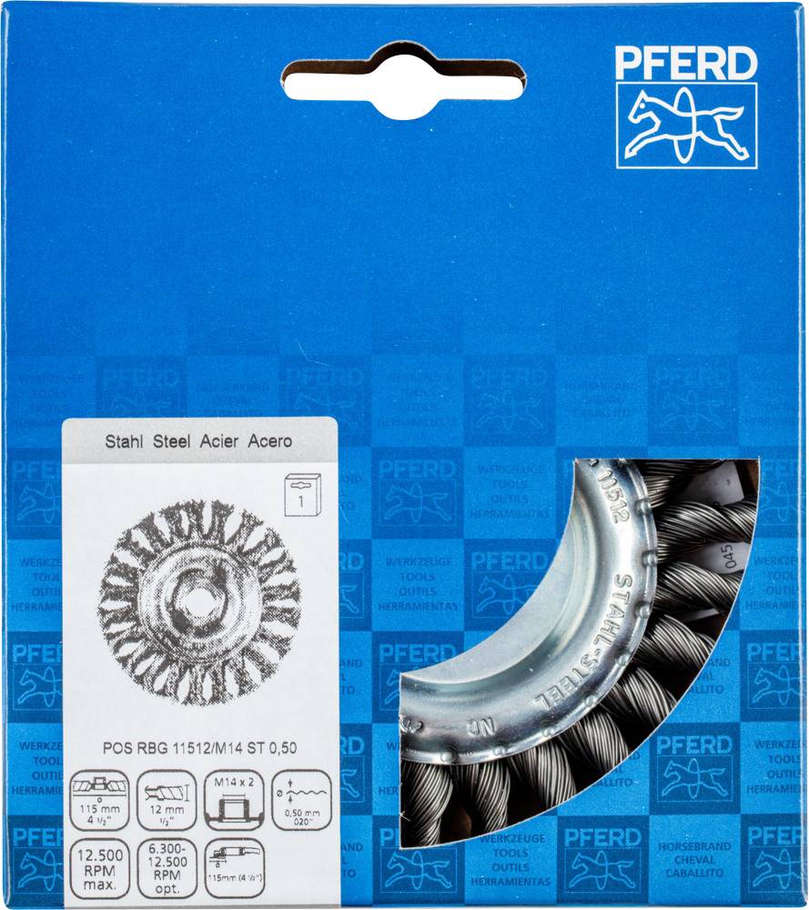 'PFERD' Drahtbürste in blauem Karton mit Pferd-Logo. Beschriftung: 'Stahl, Steel, Acier, Acero'. Illustration zeigt Drahtbürste.
