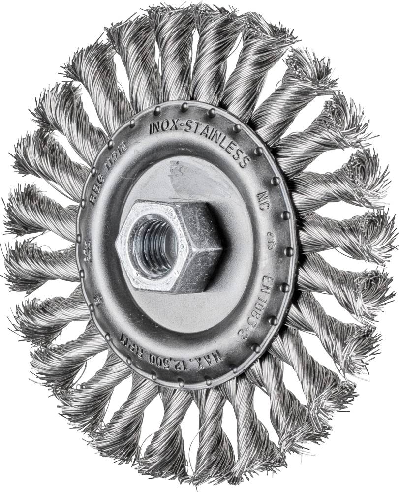 Drahtbürstenaufsatz aus Edelstahl mit mittigem Sechskantloch. Geeignet für die Reinigung und Entfernung von Rost auf Metalloberflächen.