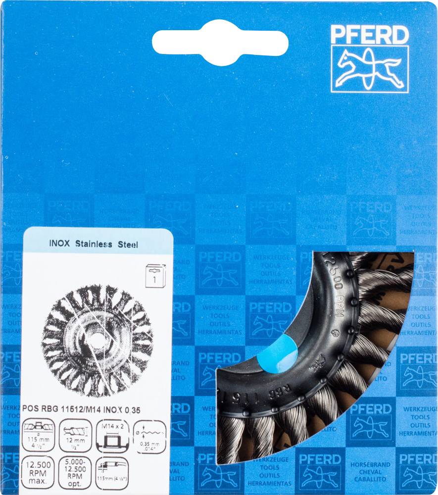 Verpackung eines Rundbürstenaufsatzes aus Edelstahl; Marke 'PFERD', geeignet für Metallschleifarbeiten, Maximaldrehzahl: 12.500 U/min.