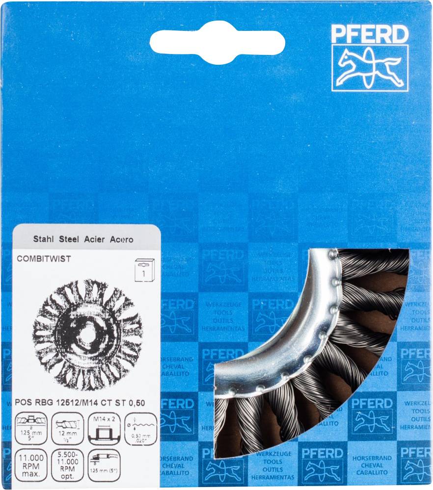 'Pferd' Produktverpackung für eine Stahlbürste, mit Abbildung der Bürste und technischen Details wie Größe und Drehzahl.