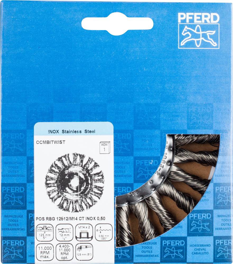 Verpackung eines Rundbürstenaufsatzes der Marke 'PFERD'. Hauptmerkmale: Edelstahl, Typ CCM BIT TWIST, geeignet für hohe Drehzahlen bis 11.000 U/min.