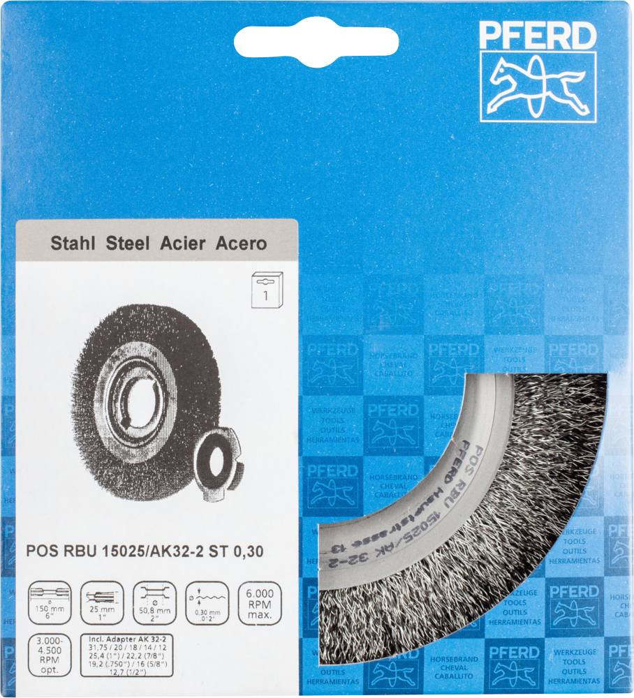 Verpackung einer Drahtbürste von PFERD, geeignet für Stahlbearbeitung. Enthält technische Spezifikationen und maximal 6.000 U/min.