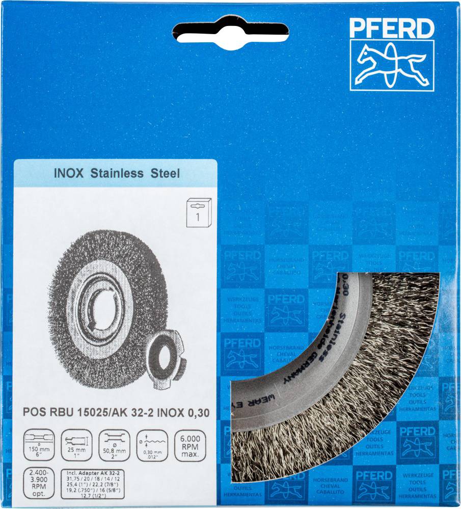Verpackung einer PFERD Edelstahl-Bürste mit Produktabbildung und technischen Details: Abmessungen, Umdrehungen und Einsatzzweck.
