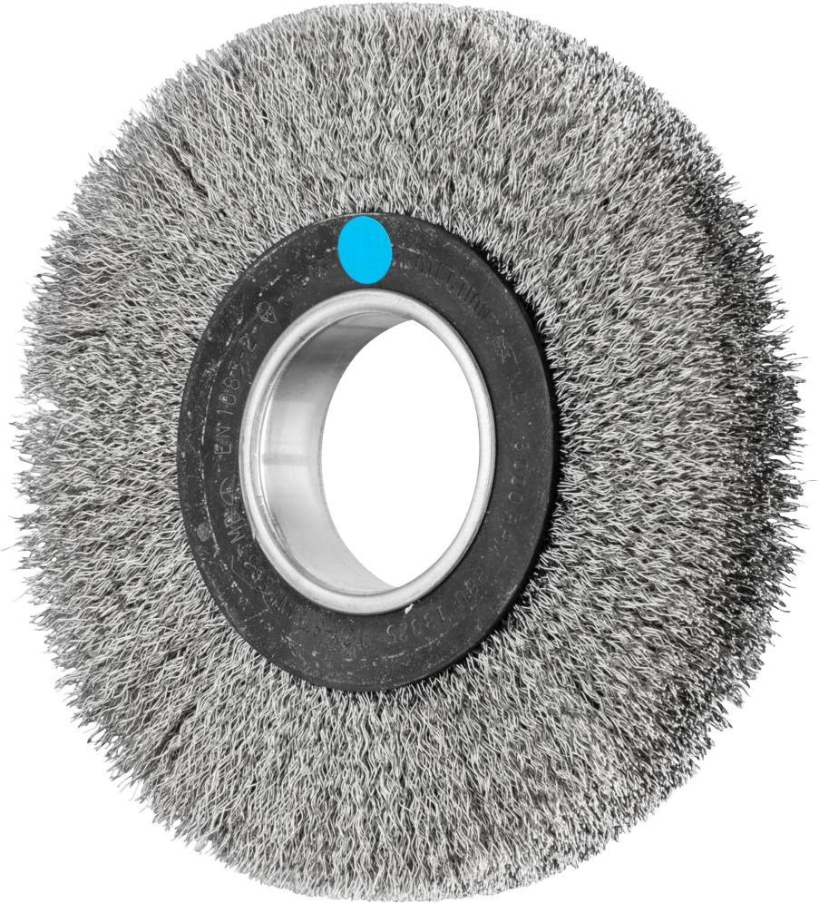 Runde Drahtbürste mit Metallborsten, zentralem Loch und blauem Punkt auf der Oberseite. Verwendet zum Reinigen oder Entrosten.