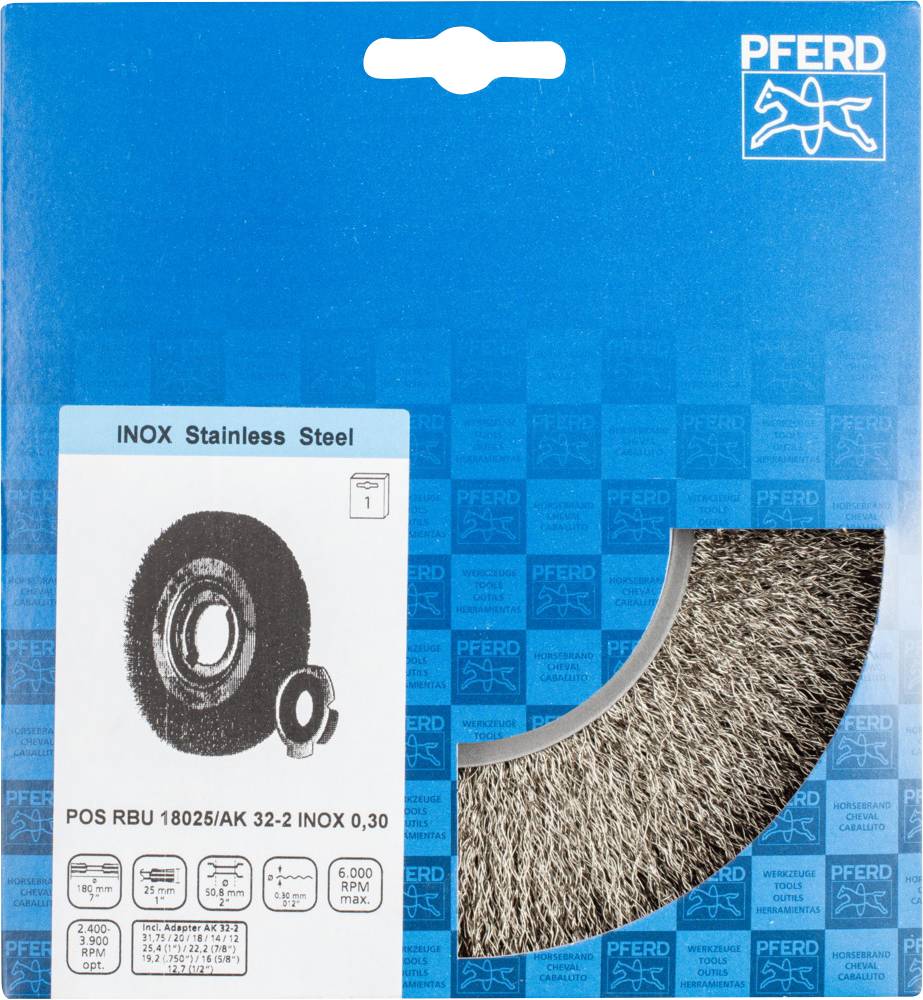 Drahtbürste in Verpackung. Aufschrift: 'INOK Edelstahl Stahl'. Produktdetails und Anwendungsinformationen sind auf der Verpackung sichtbar.