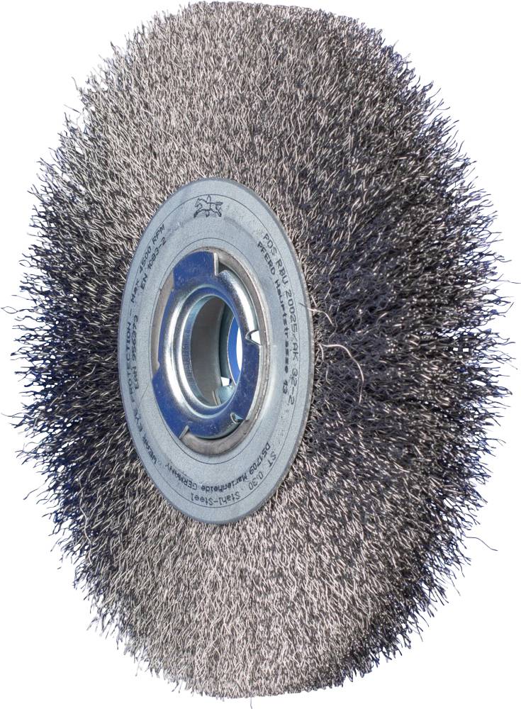 Eine runde Drahtbürste mit Metallkern, verwendet zum Schleifen oder Reinigen von Oberflächen, zeigt dichte Borsten um einen Mittelring.