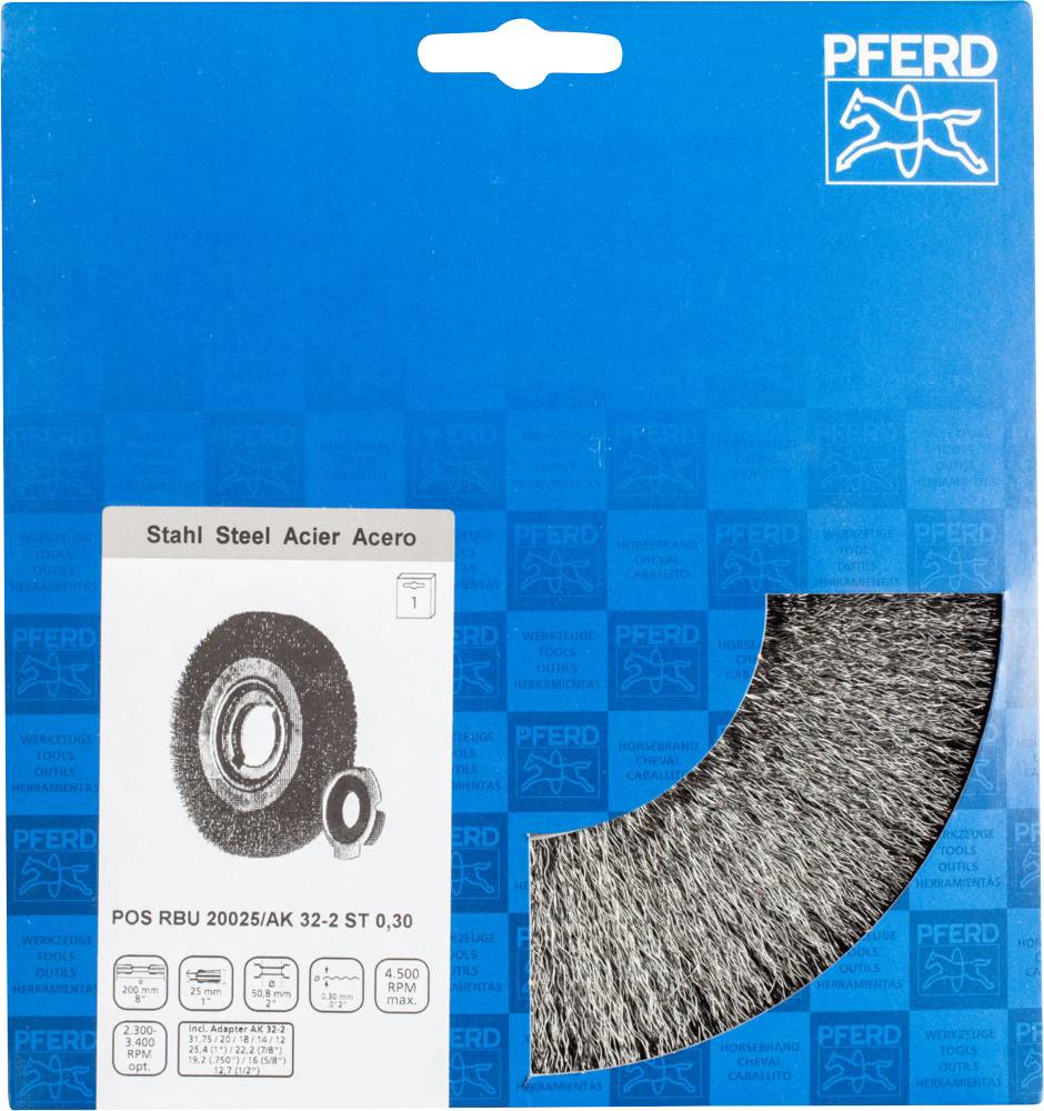 Bürstenscheibe für Winkelschleifer, geeignet für Stahlbearbeitung. Markenlogo oben rechts. Verpackung in Blautönen gestaltet.