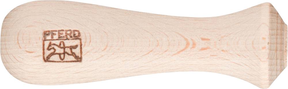Ein Holzgriff mit eingraviertem Logo, das ein Pferd zeigt und das Wort 'PFERD'.