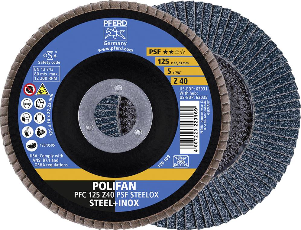 Polifan Schleifscheibe, Typ PSF, 125 mm Durchmesser, aus Stahl und Inox. Geeignet für Metallschleifen. ANSI B7.1 und OSHA-konform.
