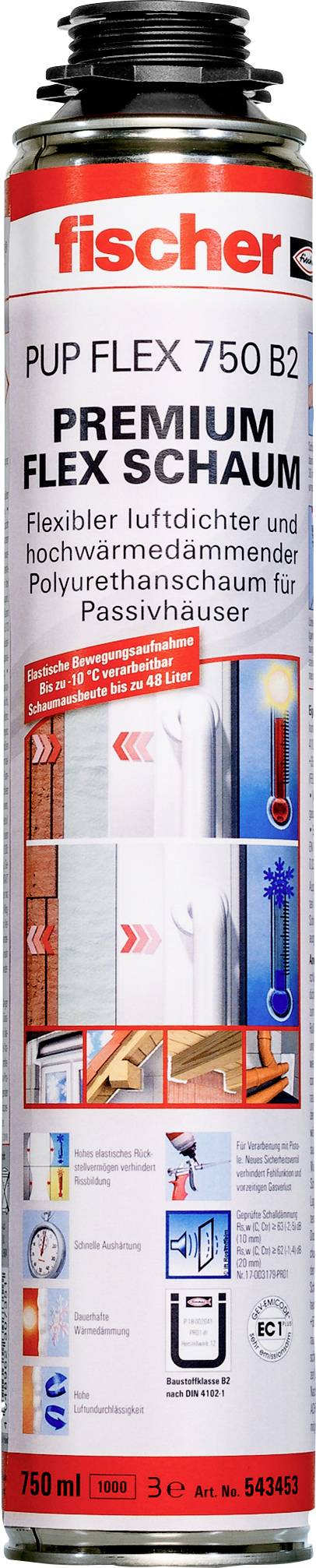Dose mit Aufschrift 'PUP FLEX 750 B2, PREMIUM FLEX SCHAUM'. Geeignet für luftdichte Abdichtung und Dämmung von Passivhäusern.