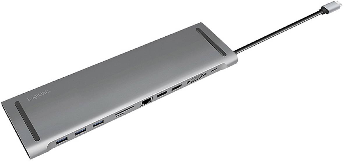 USB-C-Hub mit mehreren Anschlüssen, darunter USB, HDMI und Ethernet. Silbernes, rechteckiges Design mit kurzem, festem Kabel.