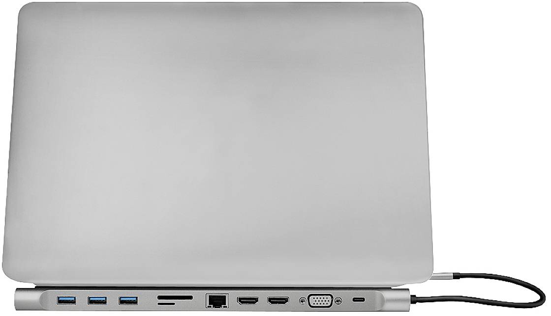 Ein Laptop mit einem angeschlossenen Multiport-Docking-Station mit USB-Anschlüssen, Kartenleser, HDMI, VGA und Ethernet-Verbindung.