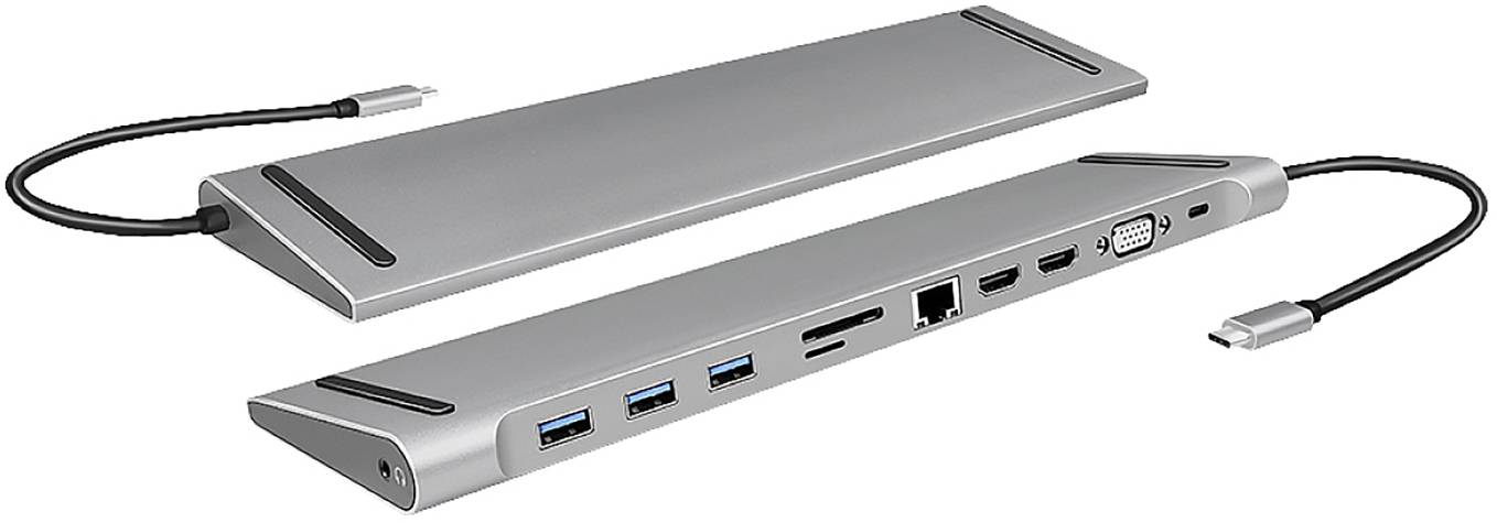 Zwei USB-C-Dockingstationen mit verschiedenen Anschlüssen, darunter USB- und HDMI-Ports, auf weißem Hintergrund dargestellt.