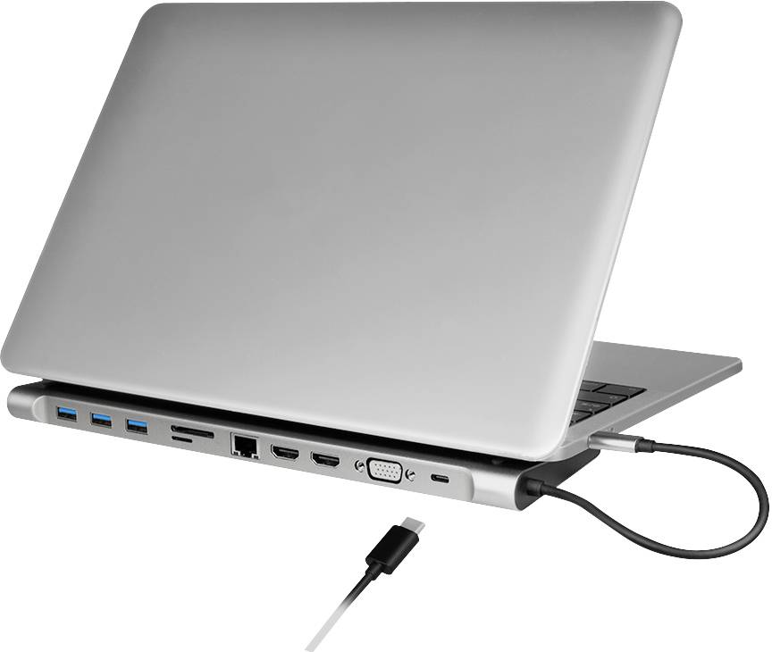 Ein geöffneter Laptop mit einer angeschlossenen Dockingstation, die mehrere USB- und HDMI-Anschlüsse sowie einen Ethernet-Port bietet.