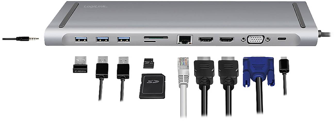 Eine Dockingstation mit mehreren Anschlüssen: USB, Ethernet, HDMI, VGA und SD-Kartensteckplatz, mit zugehörigen Kabeln darunter.