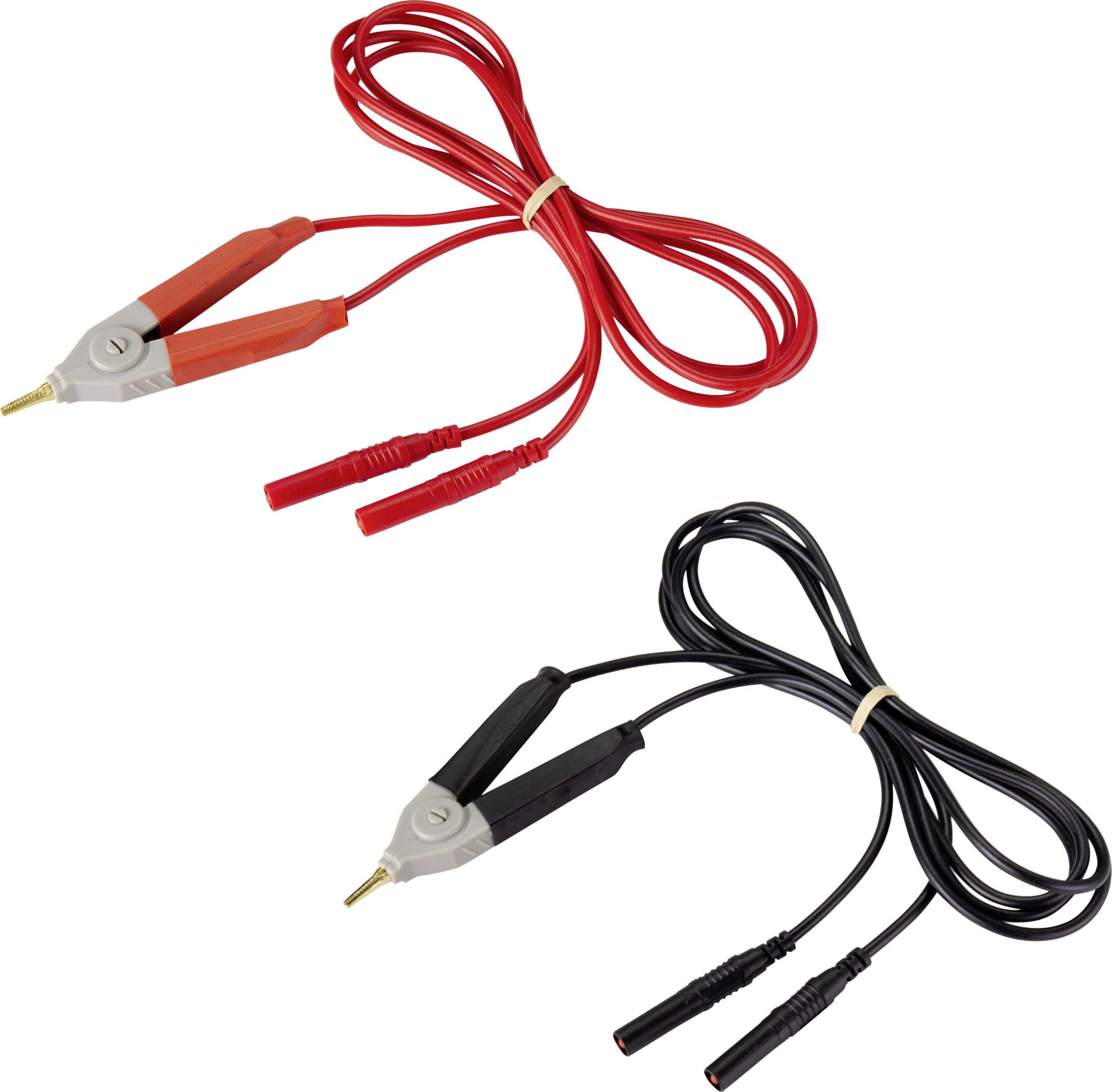 Zwei Kabel, eines rot und eines schwarz, jeweils mit Krokodilklemmen an einem Ende. Sie sind mit Gummibändern umwickelt.