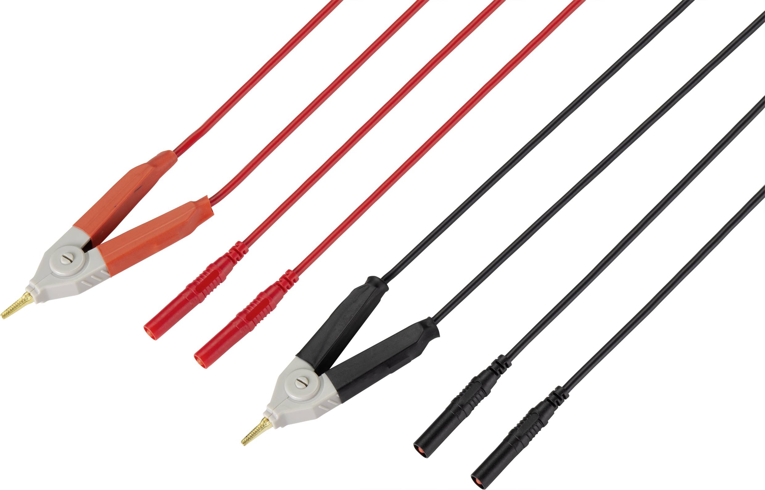 Zwei Messleitungen, rot und schwarz, mit Krokodilklemmen an einem Ende und Bananensteckern am anderen.