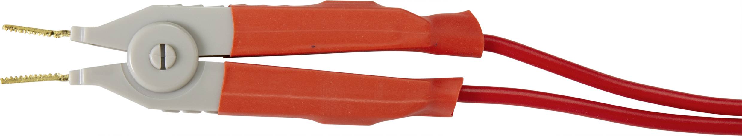 Ein Paar rote Starthilfekabel mit Klemmen, die zum Überbrücken von Fahrzeugbatterien verwendet werden.