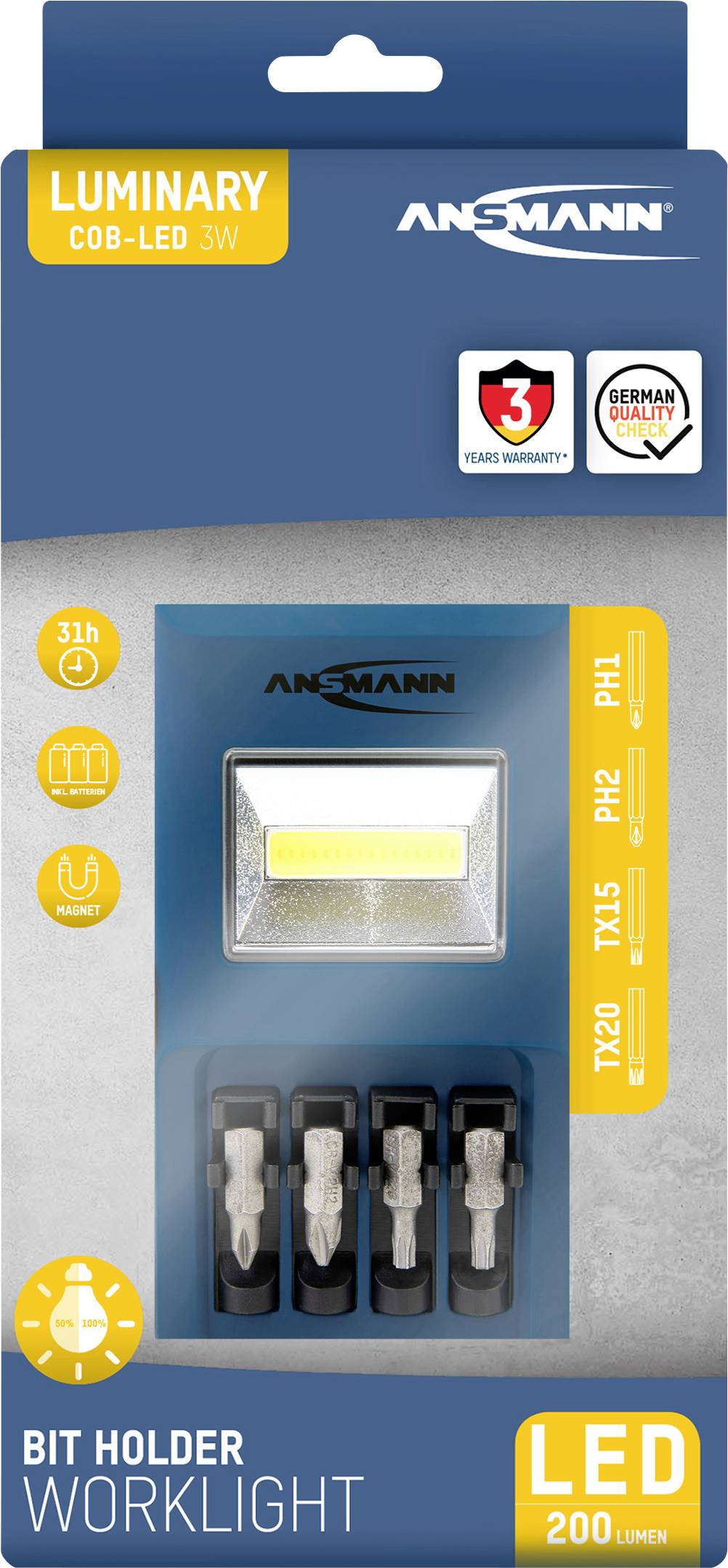 Ansmann 1600-0303 Batteriebetriebene Werkstattleuchte WL180B mit Bithalter 2021 Energieeffizienzklasse n.rel
