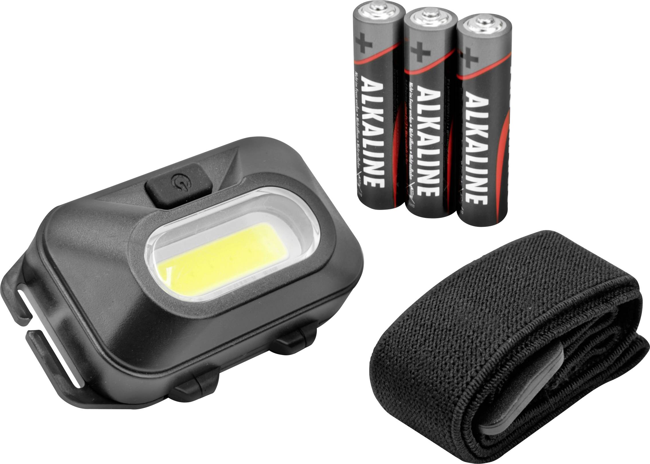 Batteriebetriebenes LED-Licht mit elastischem Band, begleitet von drei Alkalibatterien. Ideal für Mobilitätseinsätze.